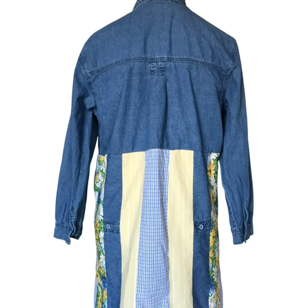 Patchwork Denim Duster, Upcycled Boho Layering Jacket Spring Daisies Size Large - Picture 9 of 14